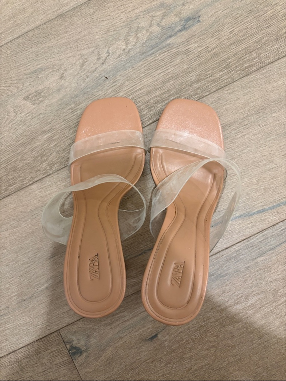 ZARA Clear Strap Tan Square Toe Slide Sandals